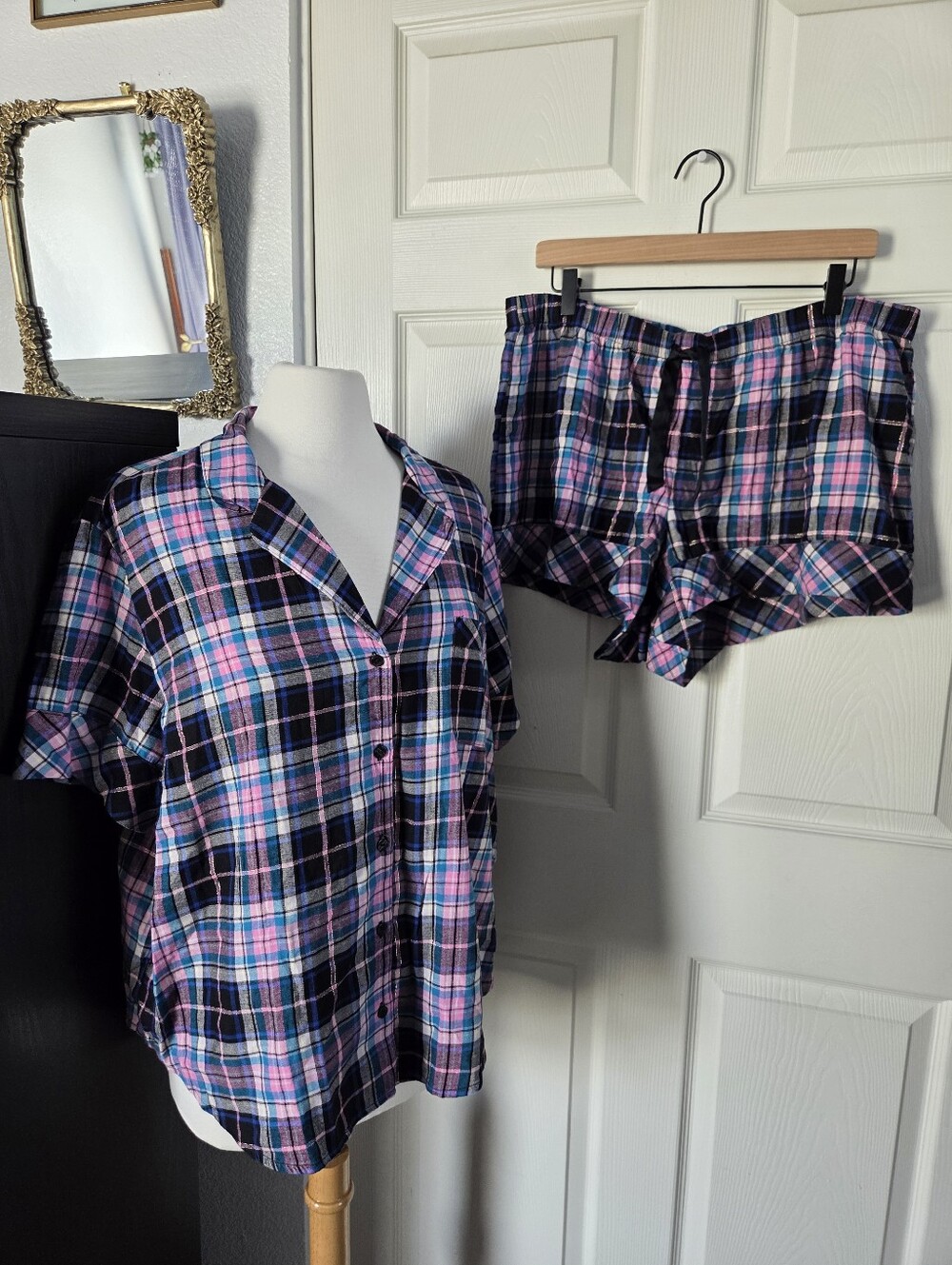 Victoria's Secret pink blue plaid pajama shorts set Womens XL